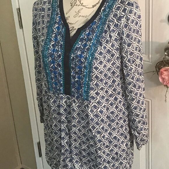 Lucky Brand Boho Blue Print Top Women XS - Picture 4 of 10